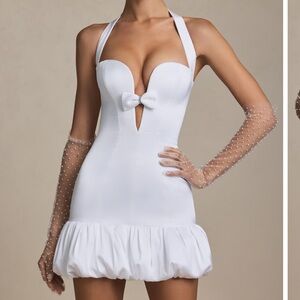 Oh Polly Millie Bow-Detail Halterneck Bubble Hem Mini Dress